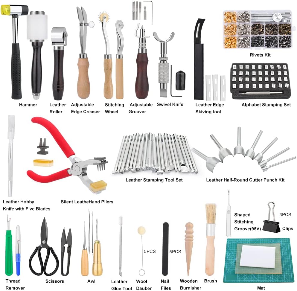 447 Pcs Leather Working Tools, Leather Working Kit for Cutting Punching Stamping Stitching with Instruction & Storage Case, for Saddle Making, DIY Projects