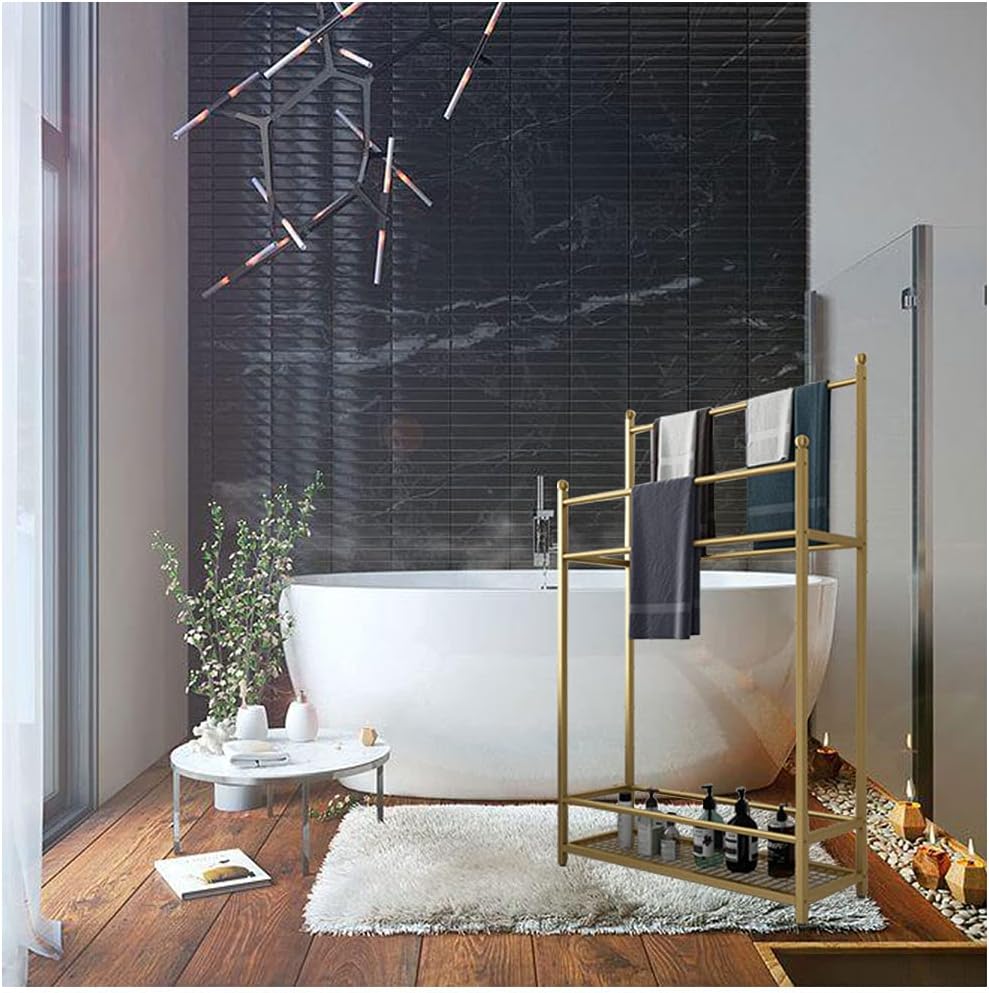 Exquisite Bathroom Shelves Beach Towel Drying Rack Freestanding Outdoor Towel Holder Stand with Bottom Storage Shelf and 4 Bars, Metal Towel Ladder Rack for Bathroom, Kitchen, Washroom