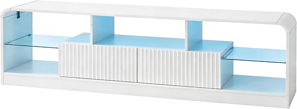 Wodeer Mid Century Modern TV Stand for 55 60 65 70 75 Inch TVs, Fluted TV Stands for Living Room with LED Lights, 63'' Entertainment Center with 2 Large Drawers & Glass Shelves, White