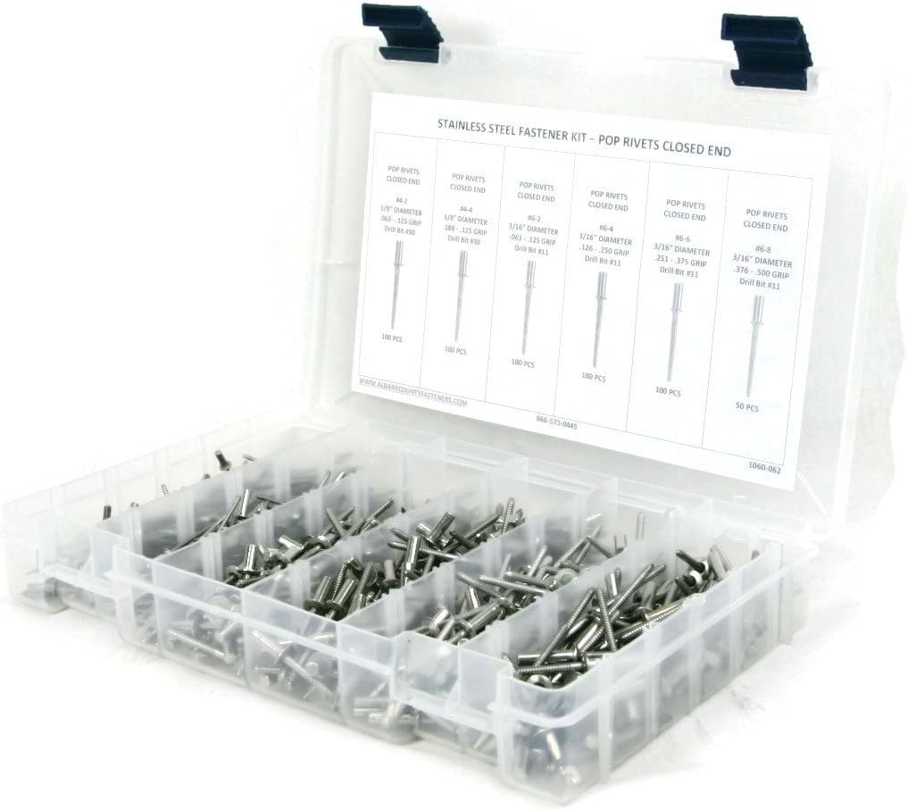 Closed End Stainless Steel Pop Rivet Assortment Kit 1/8' (4) Through 3/16' (6) - 551 Piece
