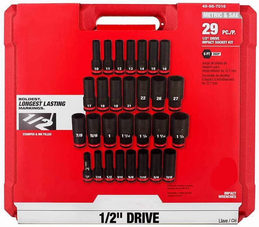 Socket Set For Milwaukee 49-66-7016 1/2'' Impact Duty SAE/Metric Socket Set (Size:14.2 x 2.7 x 16.3 in) - 29PC