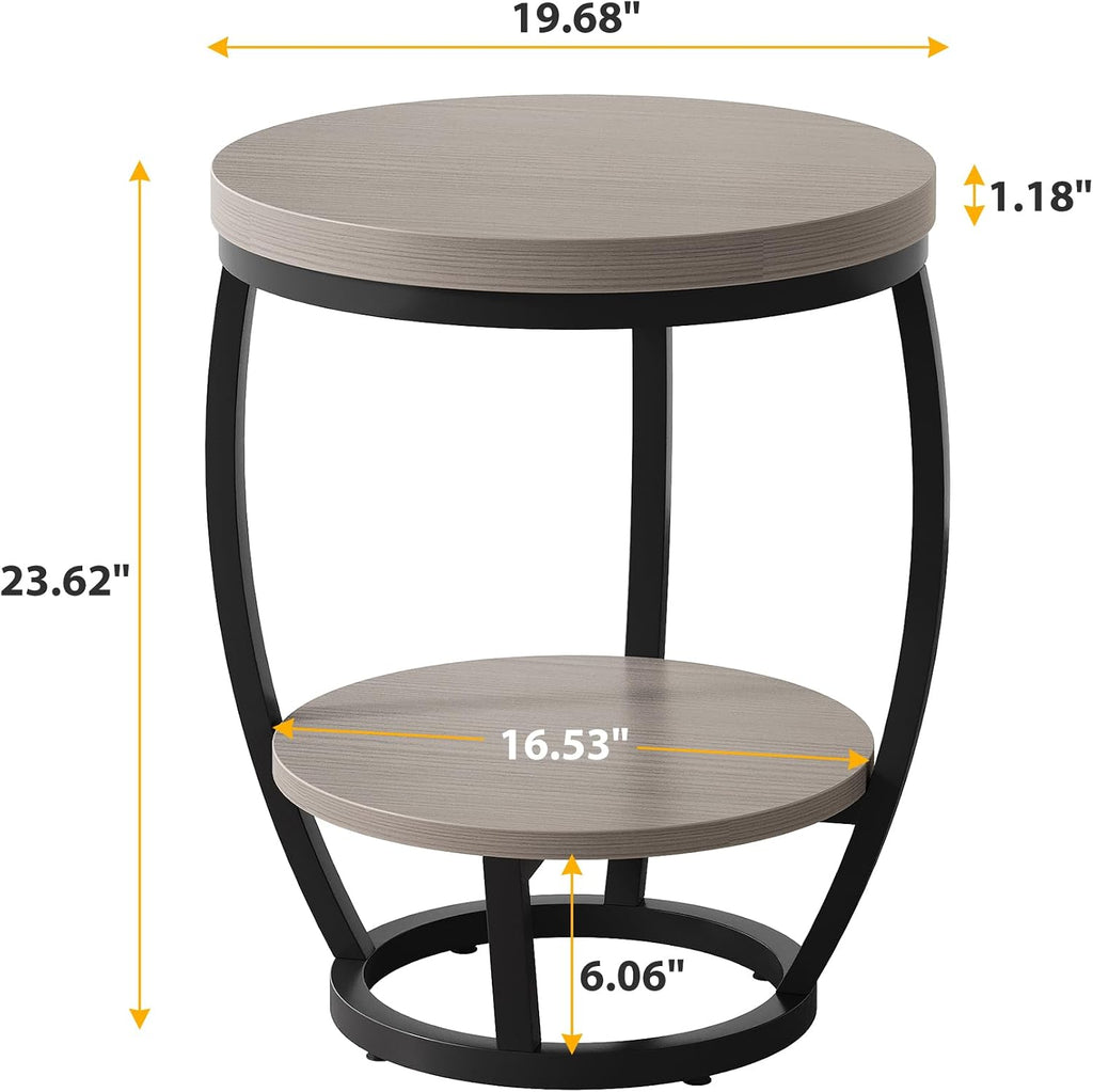 Round End Table Set of 2, 2 Tier Industrial Side Table, Nightstand with Metal Frame, Accent Bedside Table with Storage Shelves for Living Room, Bedroom, Small Spaces, Gray Brown & Black