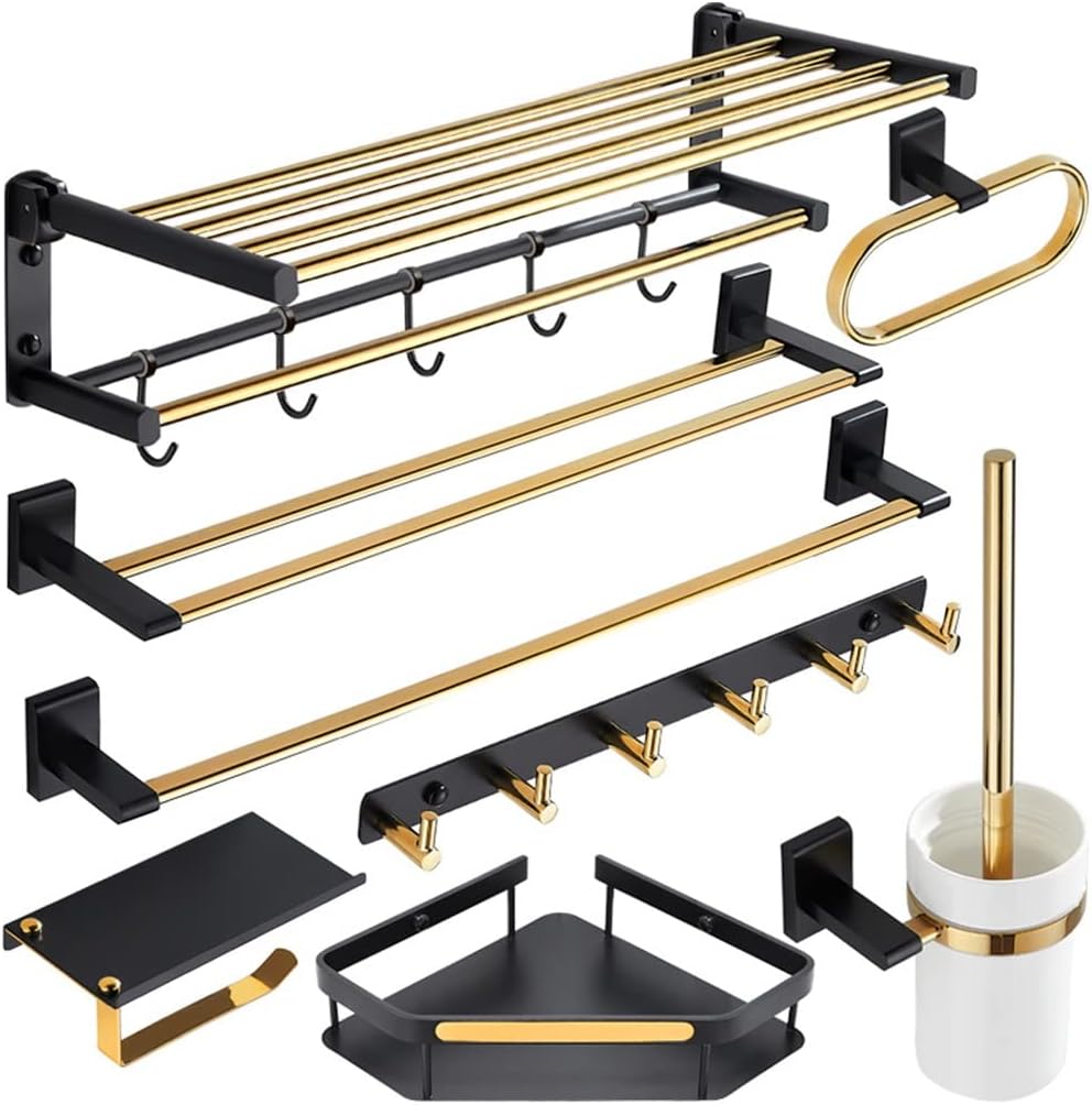LSLYTQ Black Gold Folding Towel Bar, Triangular Basket, Storage Rack, Towel Ring, Wall Mounted Bathroom Accessories Kit