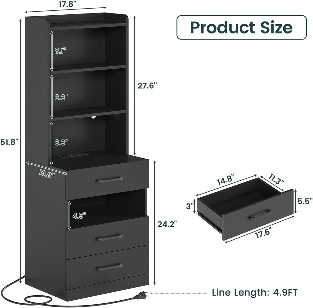 AOGLLATI Tall Night Stand Set of 2 with Charging Station and LED Lights, Black Nightstand with 3 Drawers and Adjustable Shelves, Modern Bedside Table with Bookshelf for Bedroom