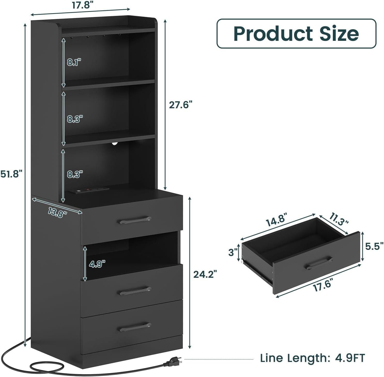 AOGLLATI Tall Night Stand Set of 2 with Charging Station and LED Lights, Black Nightstand with 3 Drawers and Adjustable Shelves, Modern Bedside Table with Bookshelf for Bedroom