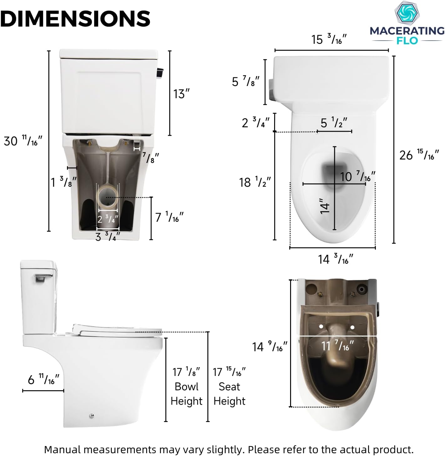 Rear Discharge Toilet with Powerful Rimless Flush, 18'' Comfort Height, Elongated Bowl, 1.28 GPF, Back Outlet Two Piece Toilet with Tank, P-Trap, Skirted Modern Design, Two Extension Pipes Included