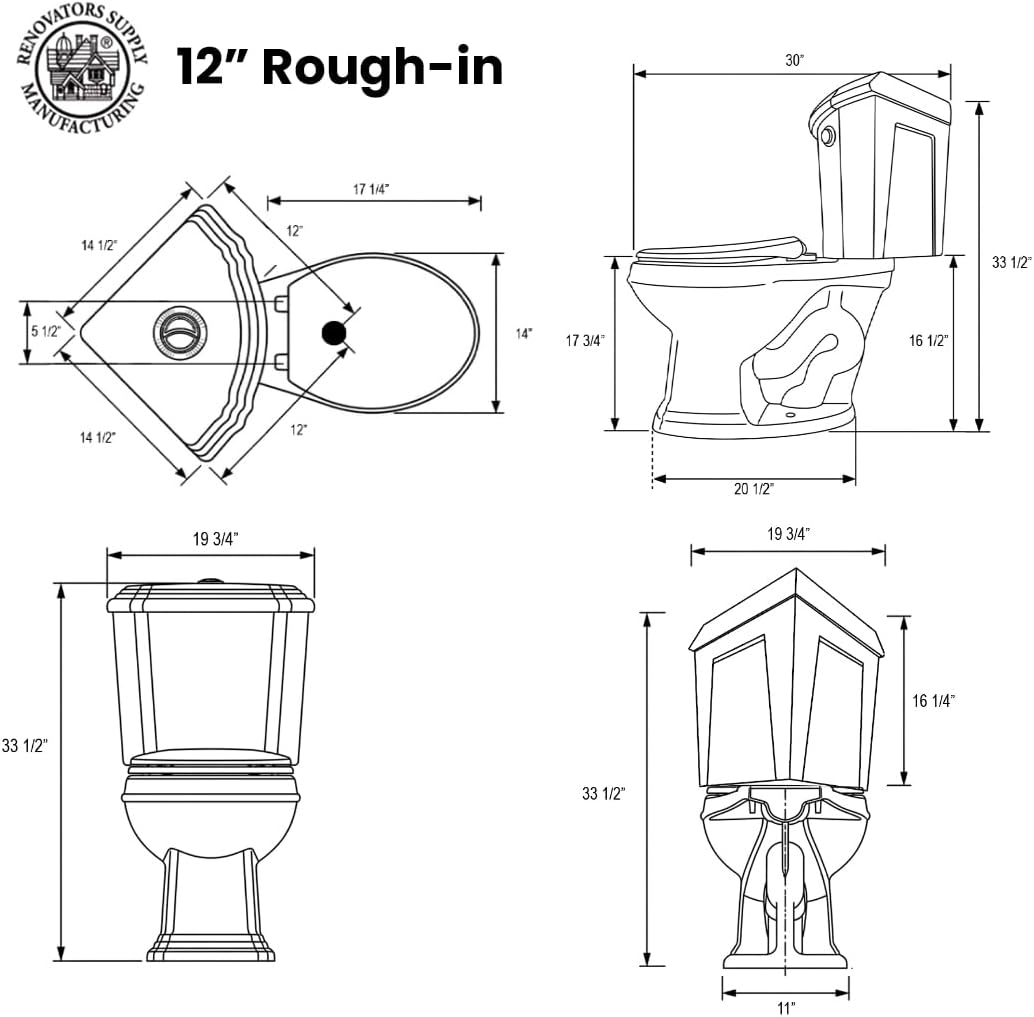 Renovators Supply Manufacturing Dual Flush Corner 2-Piece Round Toilet, Sheffield Style with Slow Close Seat, 0.8/1.6 GPF Water Saving, 12 in Rough-In Black Vitreous China