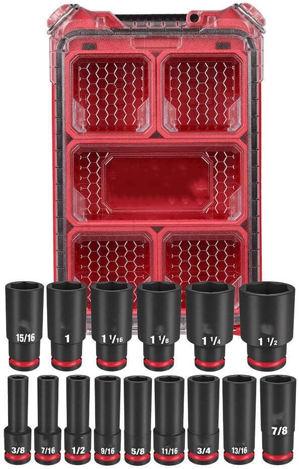 Socket Set For Milwaukee 49-66-6802 1/2' Impact Duty Socket SAE Packout Set (Size:15.2 x 9.8 x 4.6 in) - 15 PC, Red,black