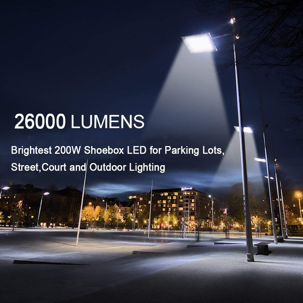 ledmo 200W LED Parking Lot Lights 5000K Street Shoebox Pole Lights Waterproof 26000LM Super Bright Dusk to Dawn Outdoor Commercial Area Flood Security Lighting Slip Fitter for Stadium Sport Garage