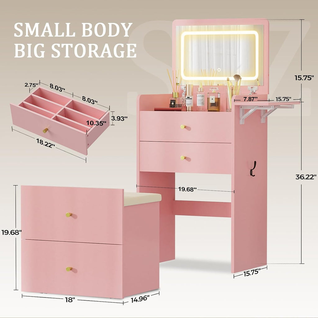 COMHOMA Makeup Vanity Desk with Mirror and Lights, Small 3 in 1 Vanity Table with Visible Glass Top, Flip Top & 3 Drawers, Compact Dressing with Storage Stool for Room or Office