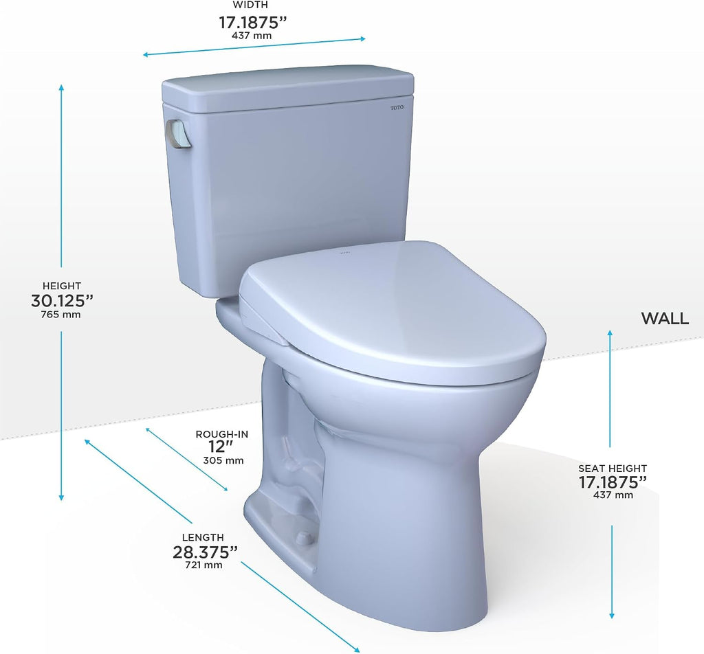 TOTO® Drake® WASHLET®+ Two-Piece Elongated 1.28 GPF Universal Height TORNADO FLUSH® Toilet with Auto Flush S7 Contemporary Bidet Seat, Cotton White - MW7764726CEFGA#01