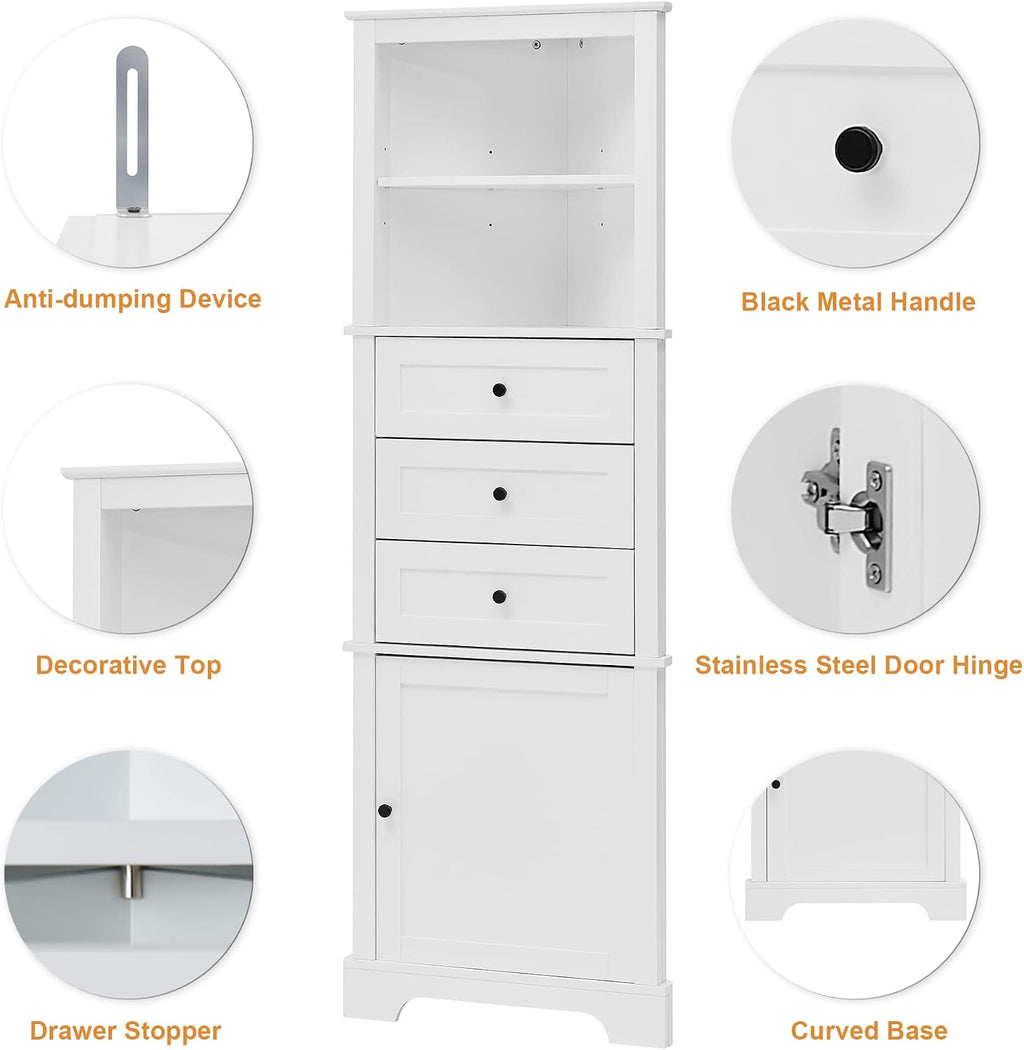 Corner Storage Cabinet with Adjustable Shelves, 68.9 in Tall | MDF, painted finish, adjustable shelves, corner fit, enclosed storage, bathroom, kitchen, 23 W x 13.4 D x 68.9 H in
