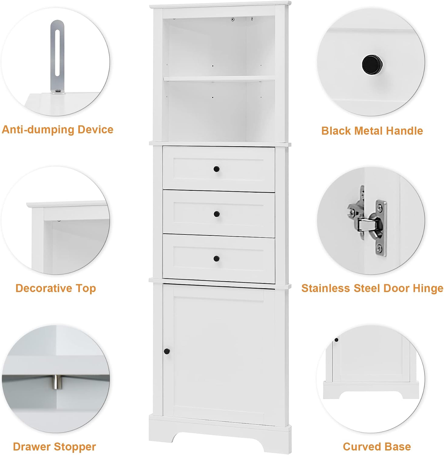 Corner Storage Cabinet with Adjustable Shelves, 68.9 in Tall | MDF, painted finish, adjustable shelves, corner fit, enclosed storage, bathroom, kitchen, 23 W x 13.4 D x 68.9 H in
