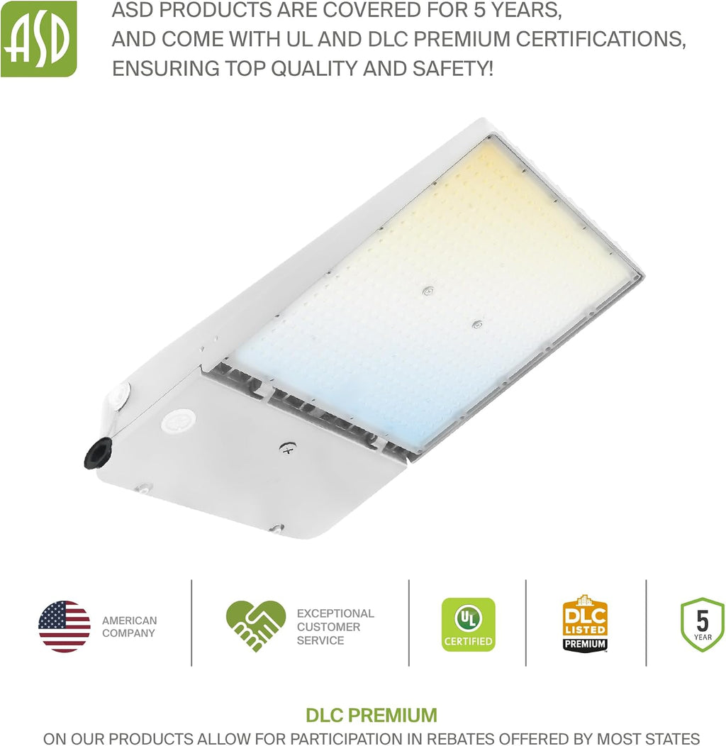 ASD LED Parking Lot Light Fixture | 100-150W 26000LM 3000-5000K 100-277V IP66 | 3CCT, Dimmable, Photocell, Waterproof, DLC, UL Listed | Dusk to Dawn Outdoor Lamp, Shoebox Area Lighting | White