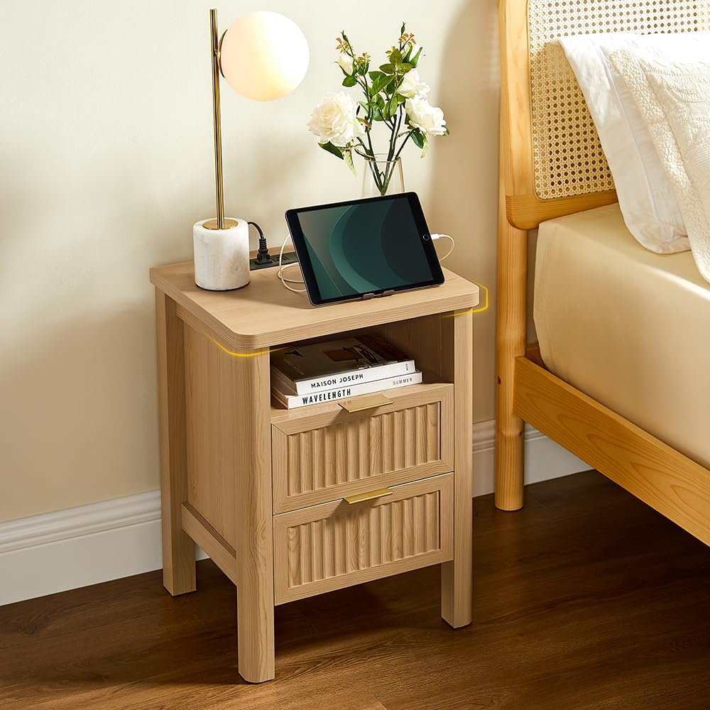 ONBRILL Fluted Night Stand with Charging Station, 23' Modern 2 Drawers End Table, Nightstand Set of 2 with Curved Profile Design, Bed Side Table for Bedroom, Living Room, Natural Oak （2-Pack）