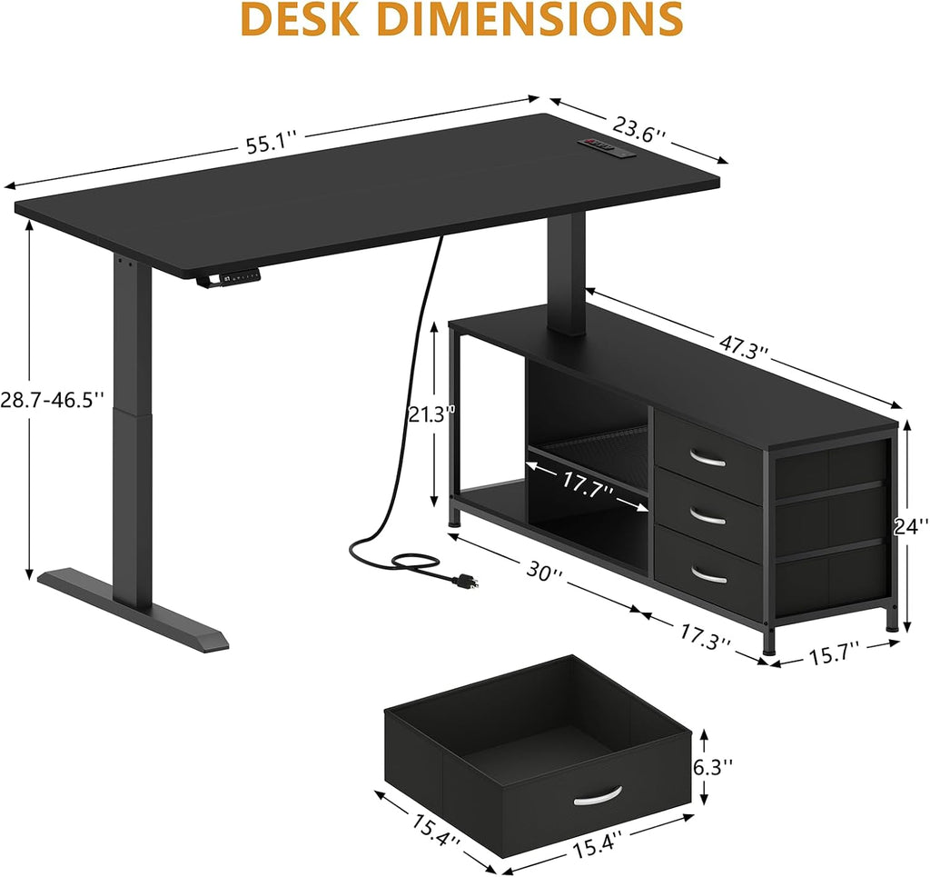 L Shaped Electric Standing Desk with Drawers & Shelves, Height Adjustable Corner Computer Desk with Power Outlets, 55 Inch Sit Stand Executive Desk with 3 Fabric Drawer for Home Office, Black