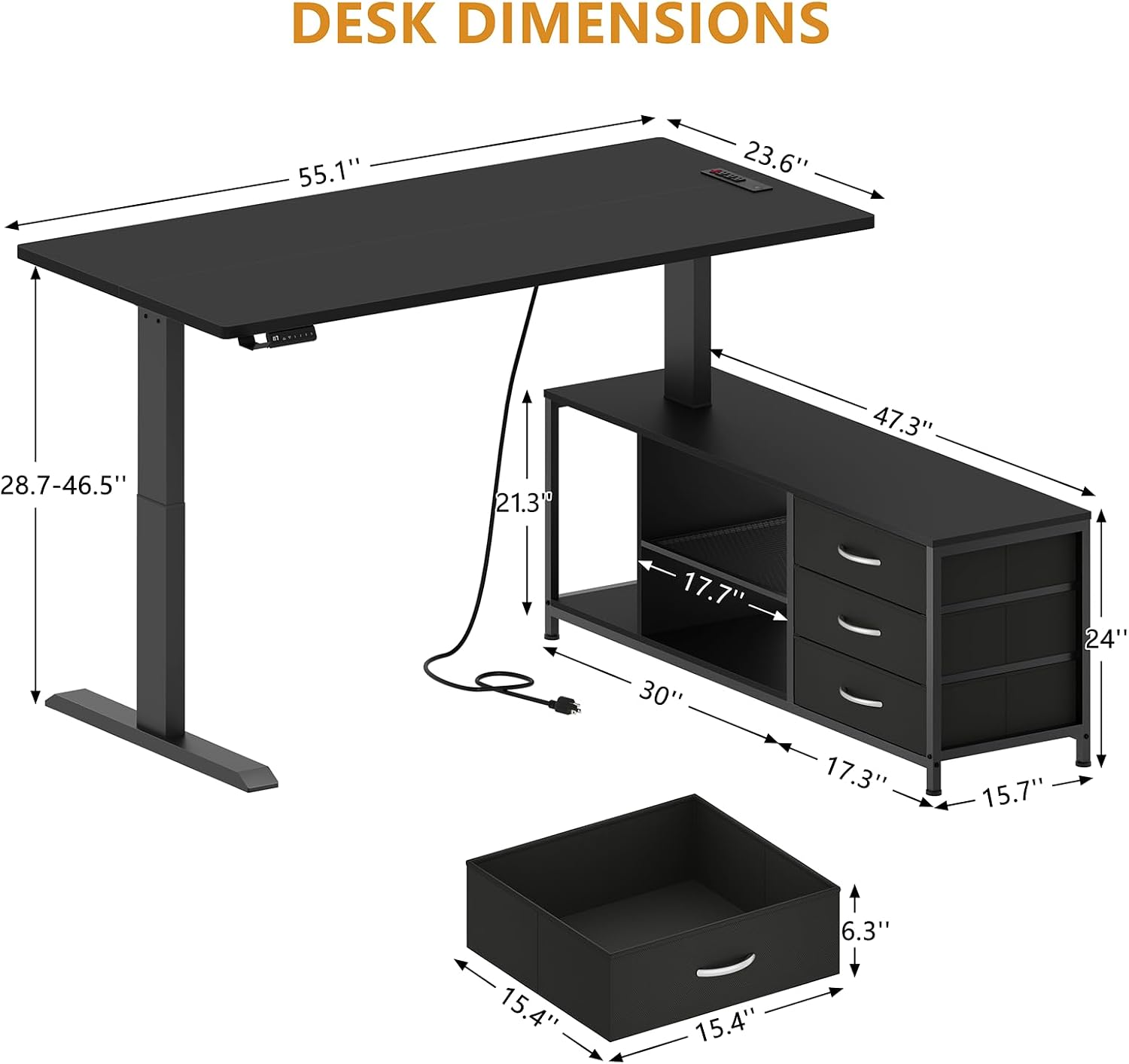 L Shaped Electric Standing Desk with Drawers & Shelves, Height Adjustable Corner Computer Desk with Power Outlets, 55 Inch Sit Stand Executive Desk with 3 Fabric Drawer for Home Office, Black
