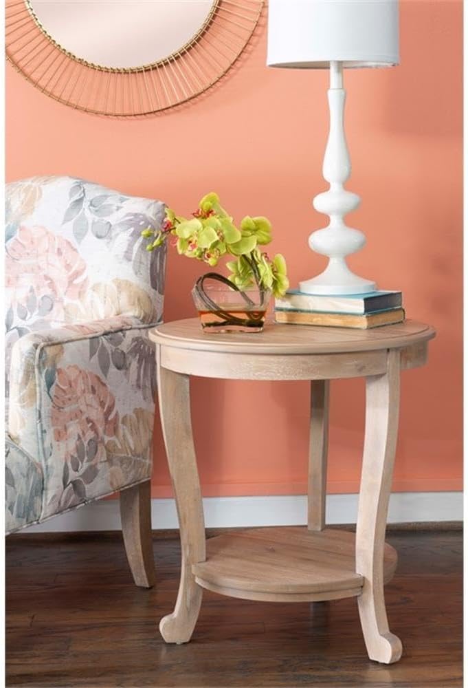 Pemberly Row Round Wood Side Table with Shelf, 22' Diameter, Acacia/Oak Hardwood, Natural Brown Finish, Versatile Accent Table or Nightstand for Living Room or Bedroom