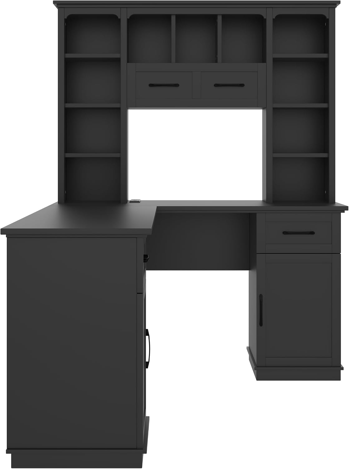 Versatile L-Shaped Computer Desk with 2 Cabinets and 2 Drawers, Power Outlet,11 Open Shelves and 1 Right Flip Shelf,for Study Living Room Office (Black#Drawers)