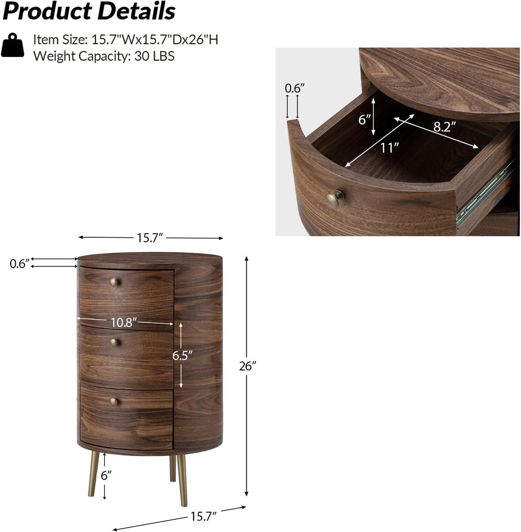 HULALA HOME Round End Table with 3 Storage Drawers, Mid Century Modern Sofa Side Table with Metal Legs, Farmhouse Wood Small Side Table for Living Room, Bedroom and Small Spaces, Walnut