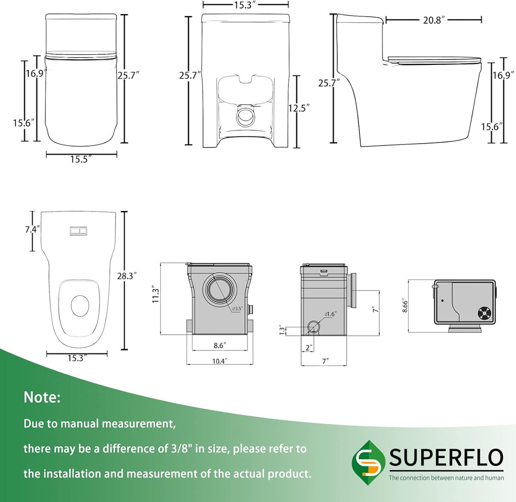 SUPERFLO Upflush Toilet Basement with 600W Macerating Toilet System | One Piece Macerator Toilet & AC Vent Pump Max Pumping to V26.2 & H262 Feet 3 Inlets for Bathroom Sink & Tub