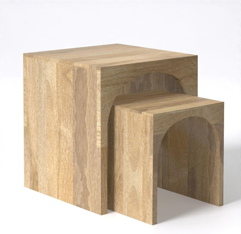 Relso Arch Duo Solid Mango Wood Nesting Tables for Living Room Set of 2 | Stylish Sustainable Design Nesting Side Tables | Unique Arched Cutouts Nesting Stools | Mid Century Nesting Tables
