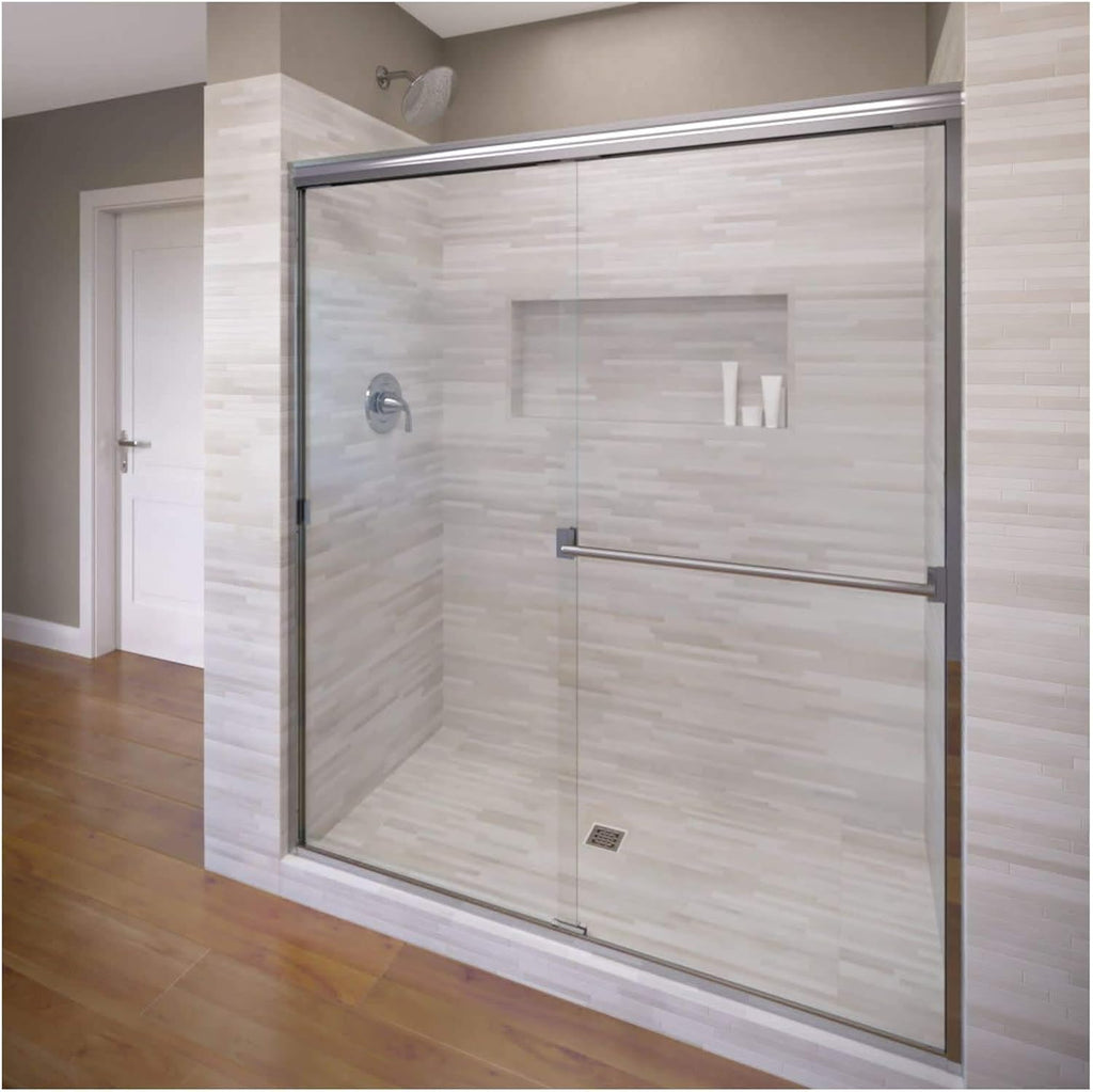Basco Classic Sliding Shower Door, Fits 56-60 inch opening, AquaGlideXP Clear Glass, Silver Finish