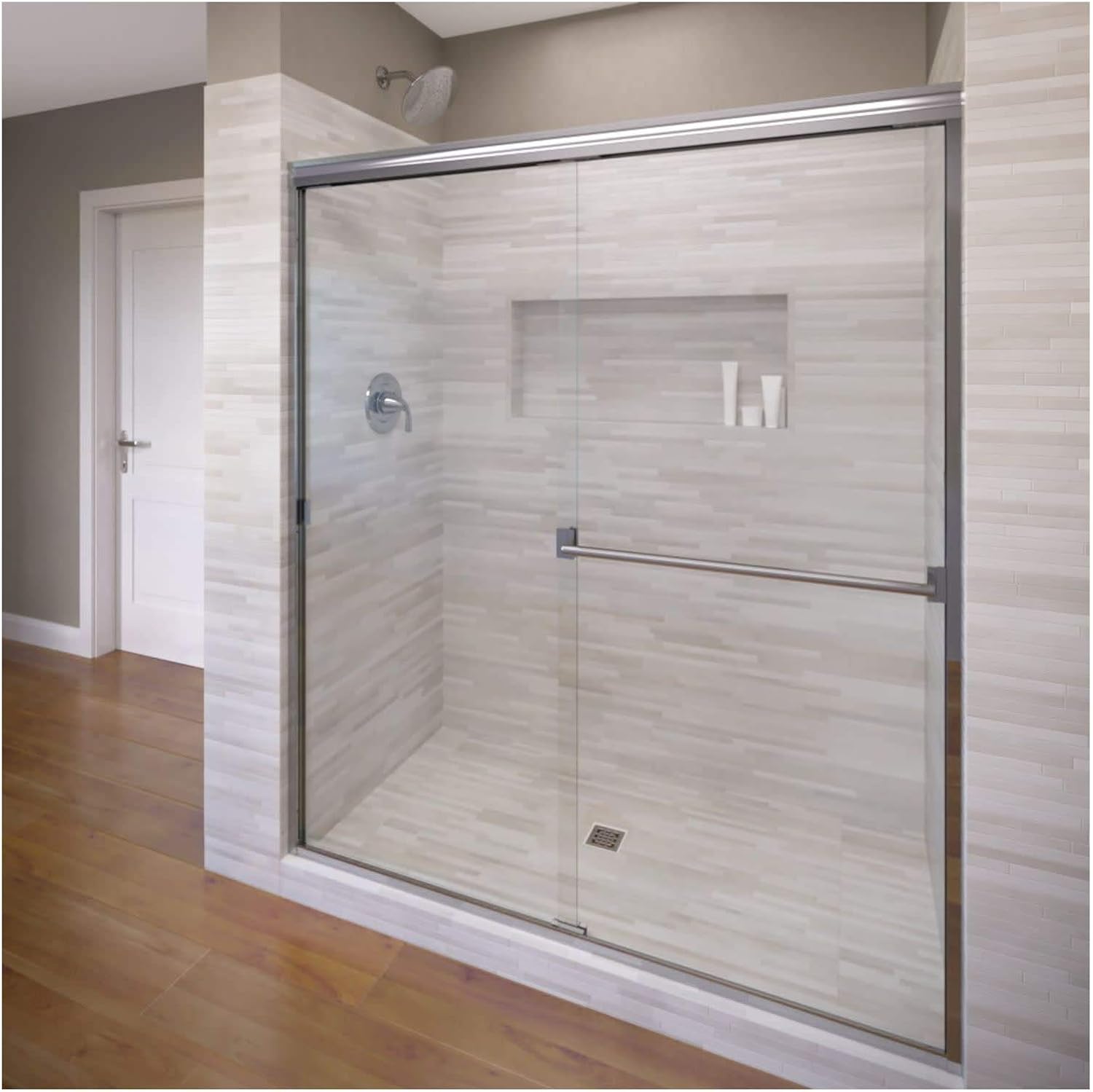 Basco Classic Sliding Shower Door, Fits 56-60 inch opening, AquaGlideXP Clear Glass, Silver Finish