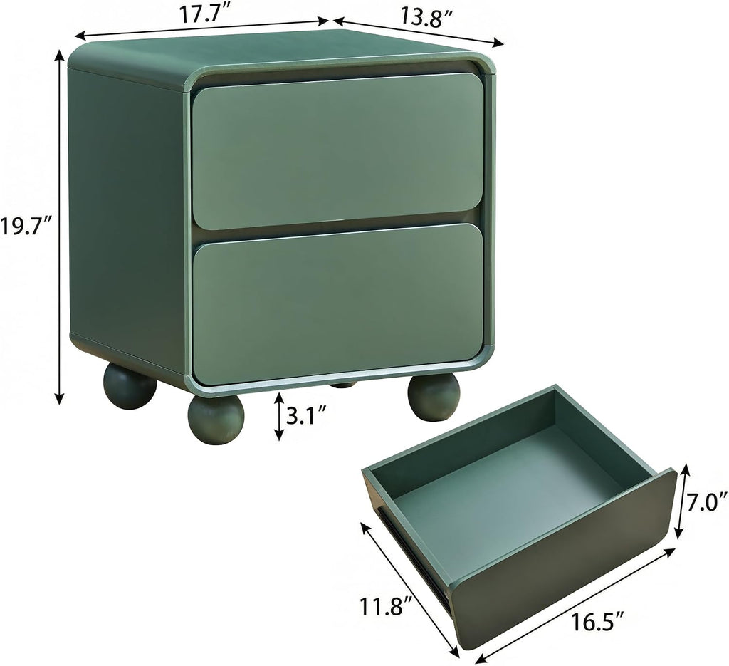 Small Night Stand Set of 2, Mid Century Modern Nightstands with 2 Drawers and Solid Wood Legs, 2 Drawer Dresser Curved Profile Design End Table Side Table for Small Space, Dorm, Bedroom(Green)