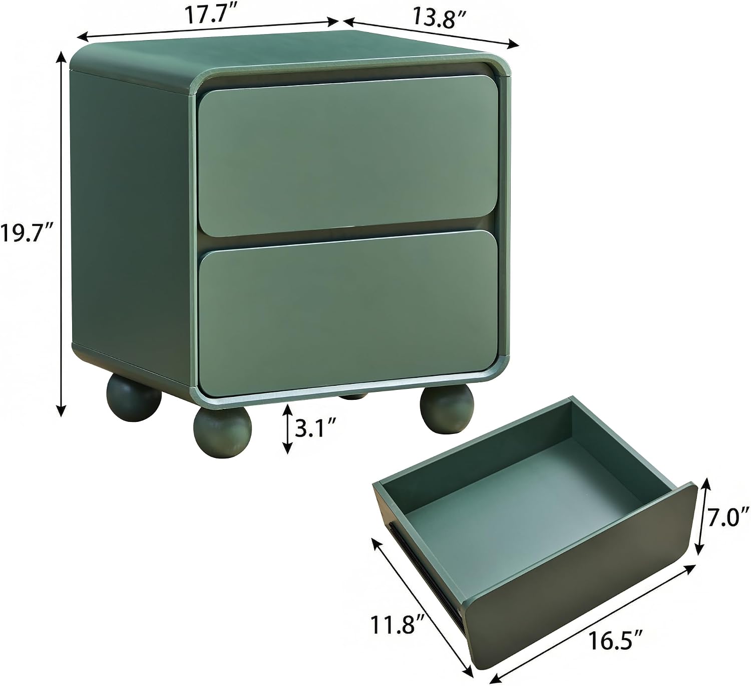 Small Night Stand Set of 2, Mid Century Modern Nightstands with 2 Drawers and Solid Wood Legs, 2 Drawer Dresser Curved Profile Design End Table Side Table for Small Space, Dorm, Bedroom(Green)