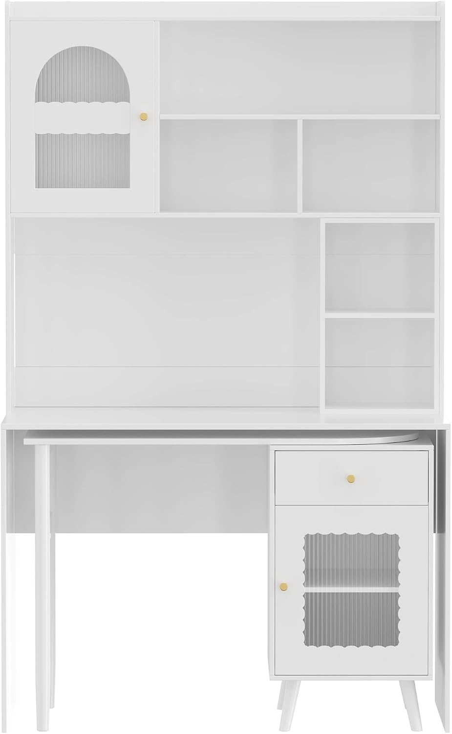 L Shaped Home Office Desks with 90° Rotating Retractable Desktop, Glass Door, Hutch, Drawers, Bookshelf & Storage Shelves, 43' Modern Gaming Computer Corner Table for Work, Study, Writing, White
