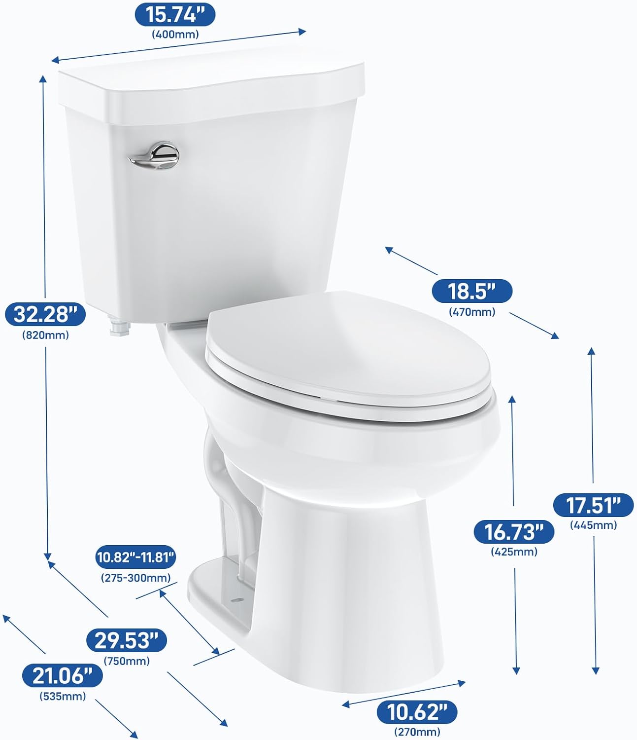 19 Inch Two-Piece Toilet with Elongated Bowl - Soft Close Seat, 1.28 GPF Siphonic Flush, Universal Height ADA Compliant, Cotton White