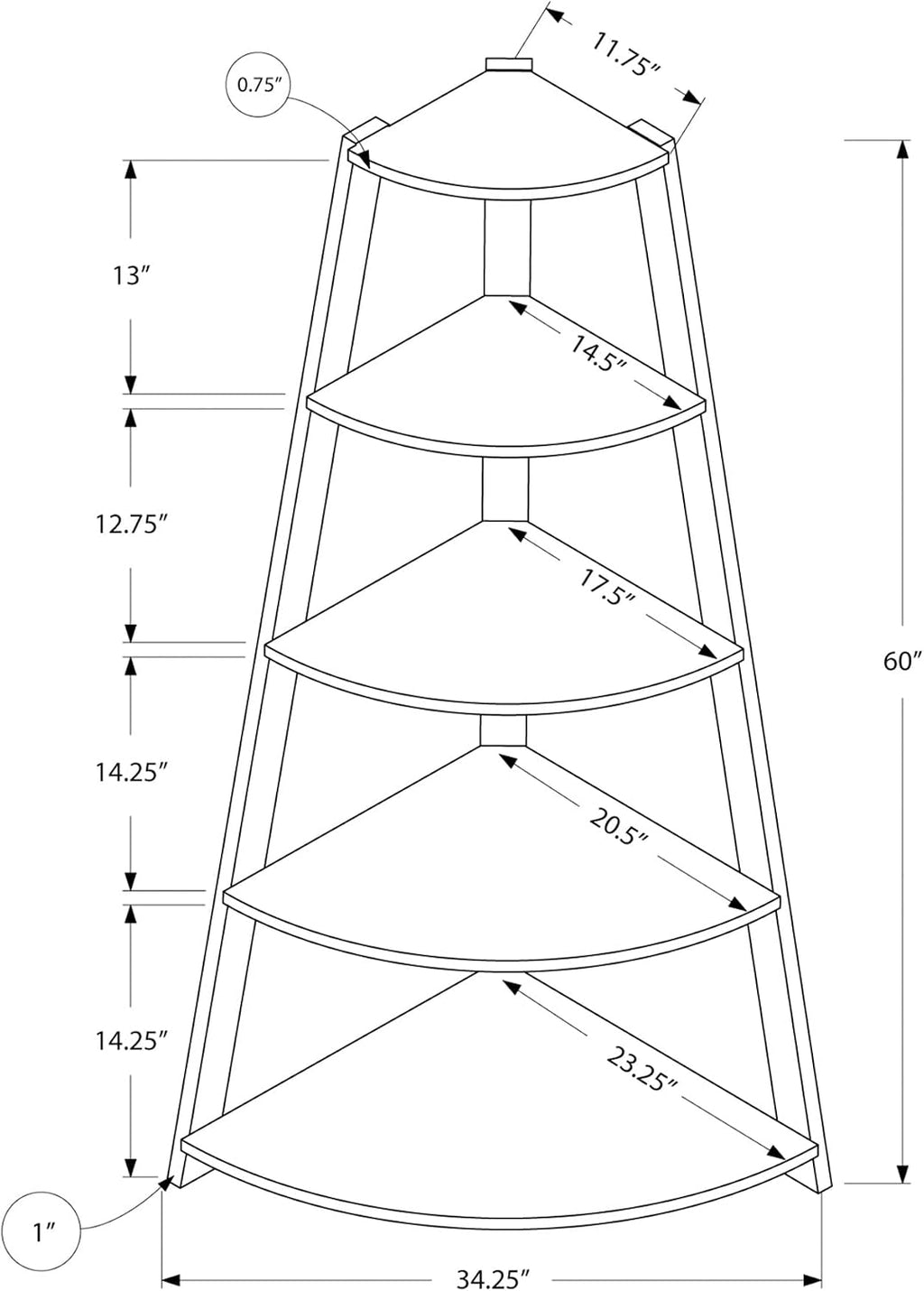 Corner Bookshelf 4-Tier, White Laminate, 60 in H | Particle board, 4 fixed shelves, corner bookshelf, white finish, living room or home office