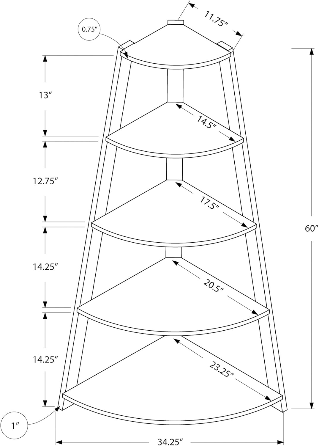 Corner Bookshelf 4-Tier, White Laminate, 60 in H | Particle board, 4 fixed shelves, corner bookshelf, white finish, living room or home office