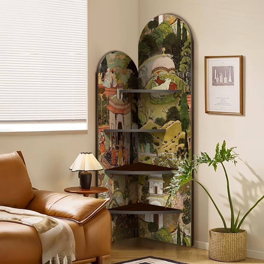 4-Tier Corner Shelf, Wood Display Stand, Fan-Shaped Storage Cabinet with Decorative Painting, Wood Triangle Display Stand, Corner Wall Shelf for Living Room, Bedroom, Office(Green)
