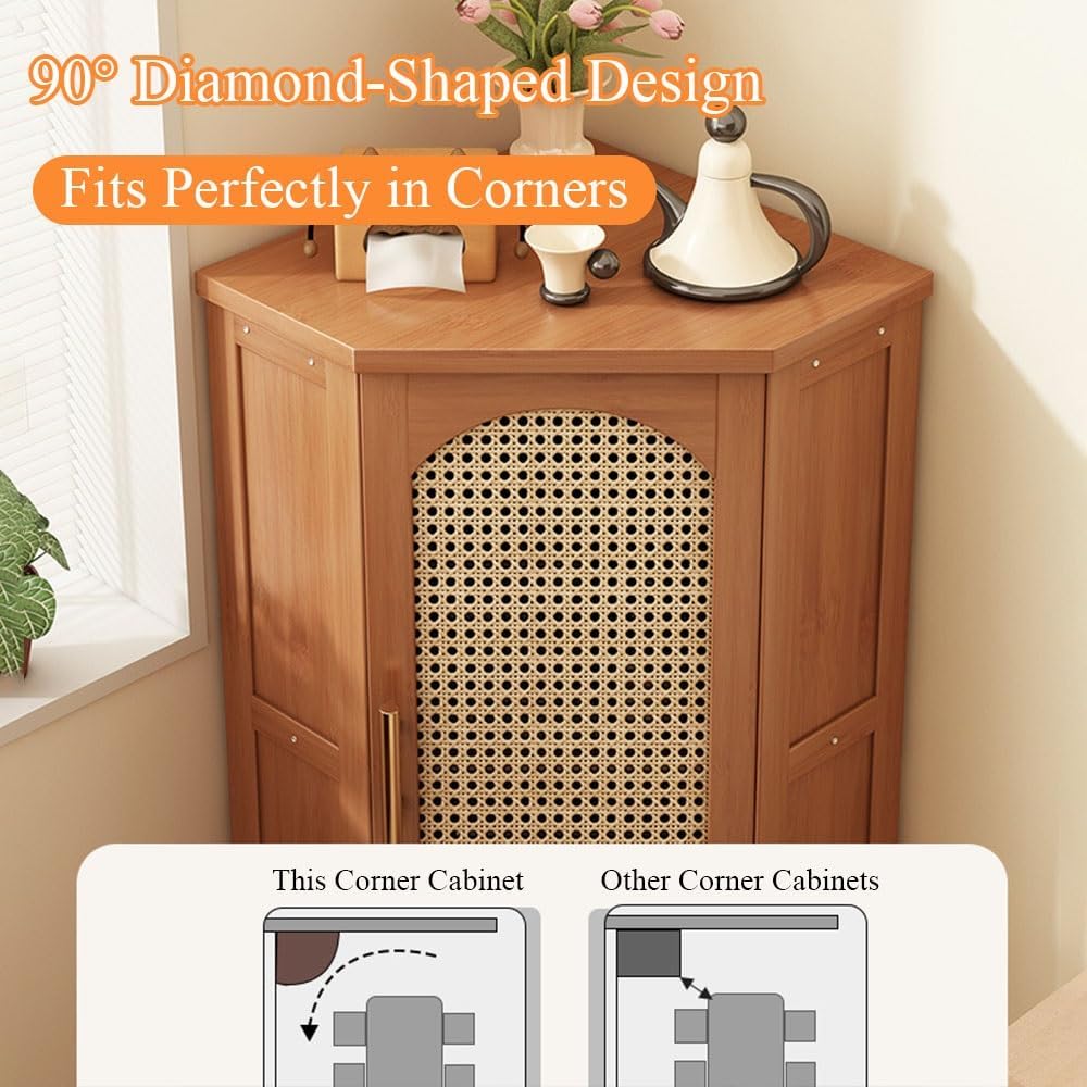 Retro Corner Cabinet, Small Corner Shelf for Living Room, Multifunctional Side Table, Storage Cabinet with Doors for Kitchen, Bathroom(Brown)