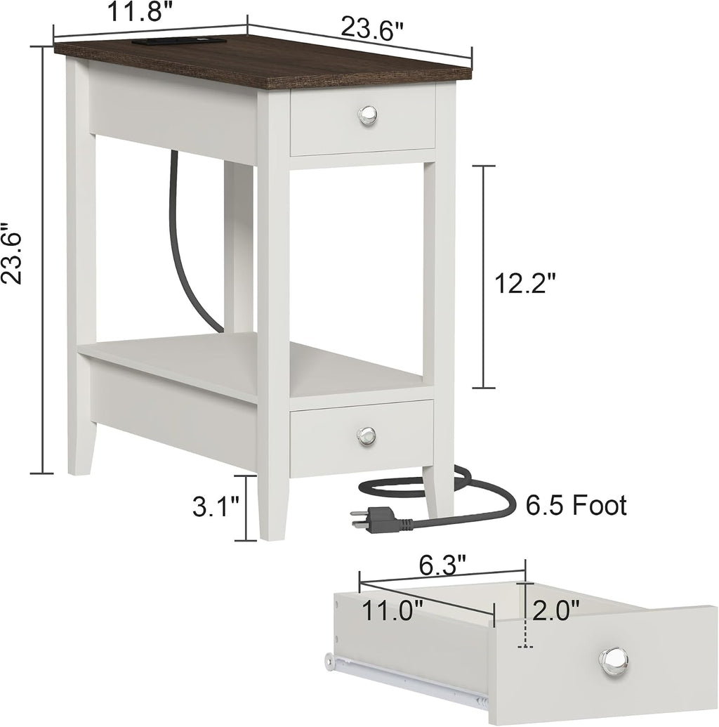 Treocho Farmhouse End Tables Living Room Set of 2, Narrow Side Table with Charging Station, Soft White Table Bedside Sofa for Small Spaces, Living Room, Bedroom