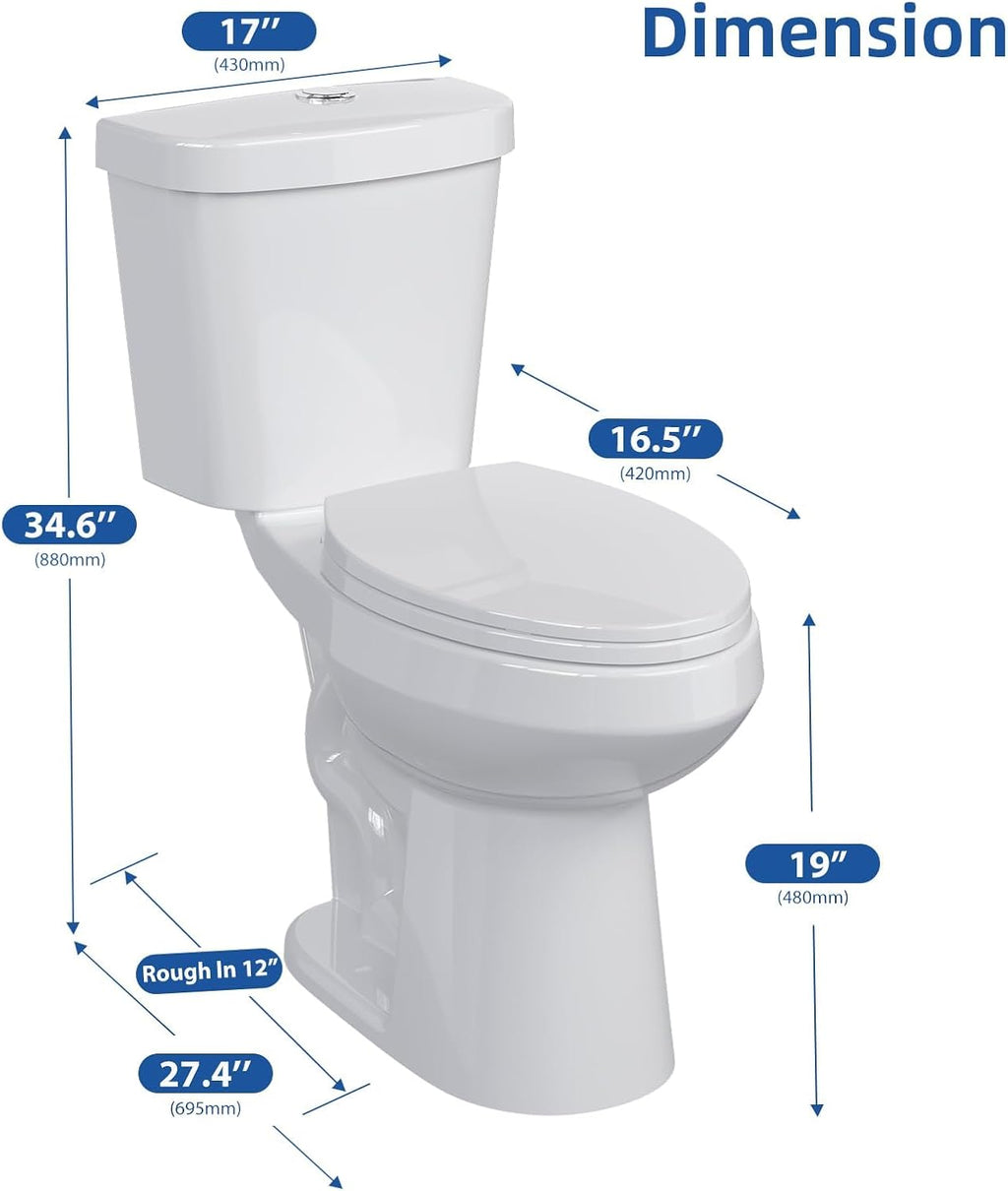 Two Piece Toilet - Elongated Bowl, 19' ADA Compliant Comfort Height, Dual Flush, Water Efficient, Slow Close Seat