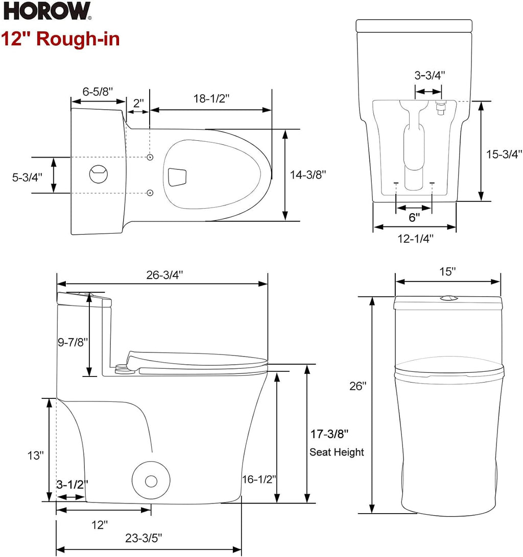 HOROW T0338WM Elongated One Piece Toilet Matte White, ADA Toilet 17.3' with Comfort Chair Height Seat, 1.1/1.6 GPF Powerful Dual Flush Toilet for Bathroom