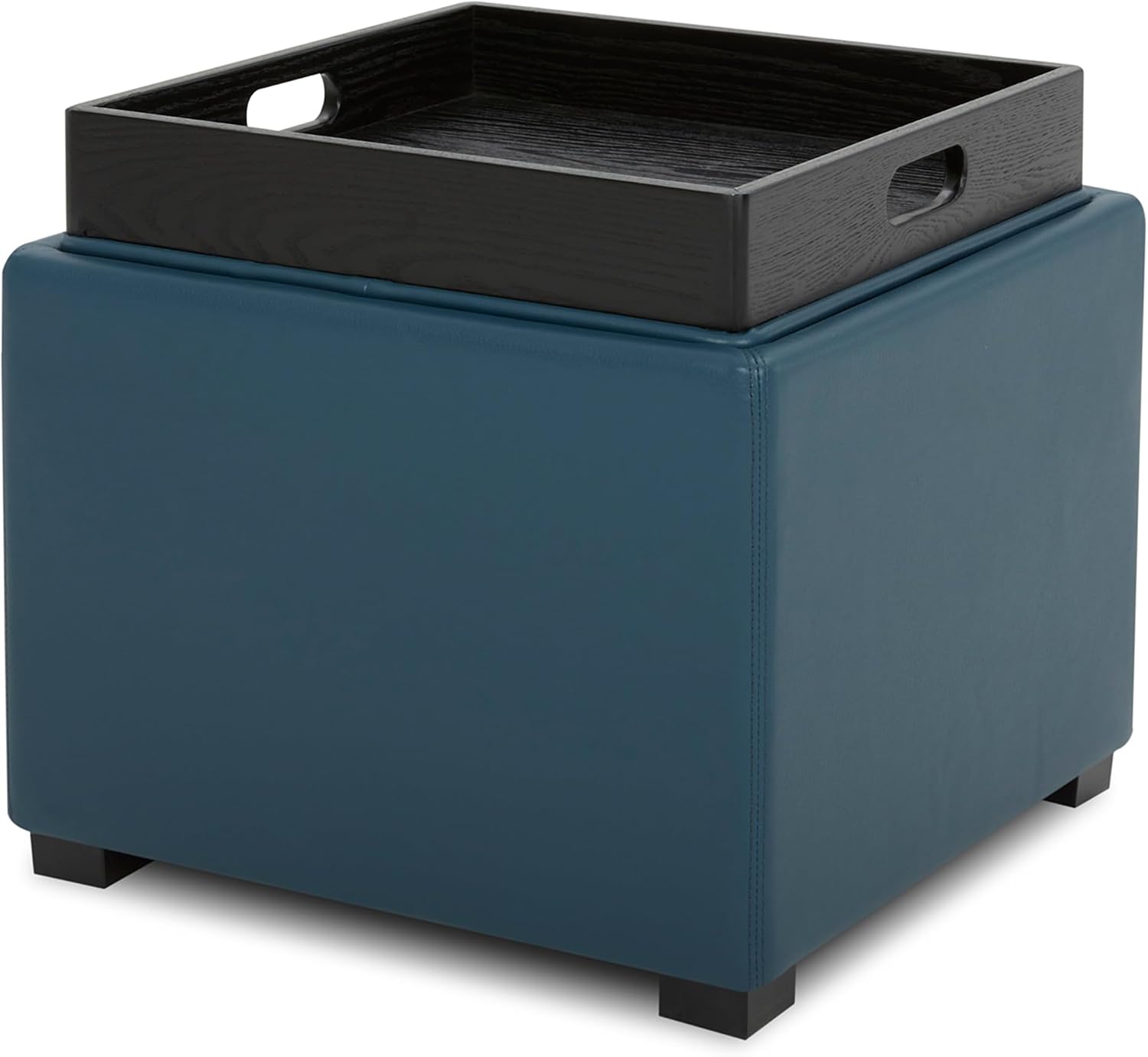 CHITA Storage Ottoman Cube with Tray Lid, Set of 2, Small Footstool with Storage, Square End Table for Living Room and Bedroom, Faux Leather in Dark Blue