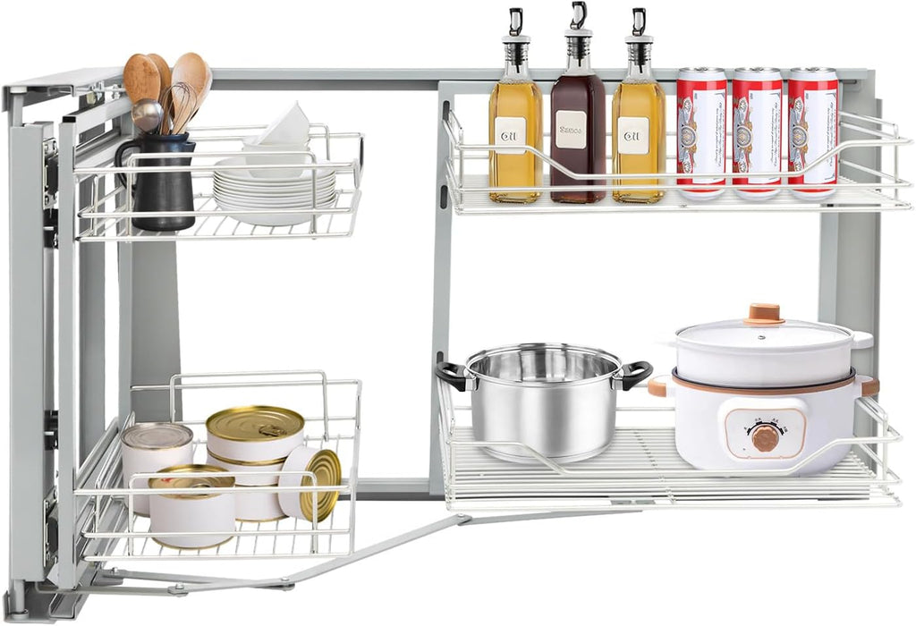 Blind Corner Cabinet Pull Out Right, 15 Inch Blind Corner Cabinet 2 Tiers Organizer Adjustable Design, Hidden Slide Out Shelves for Store Kitchen Utensils (Pull Out Left & Right, Style2)