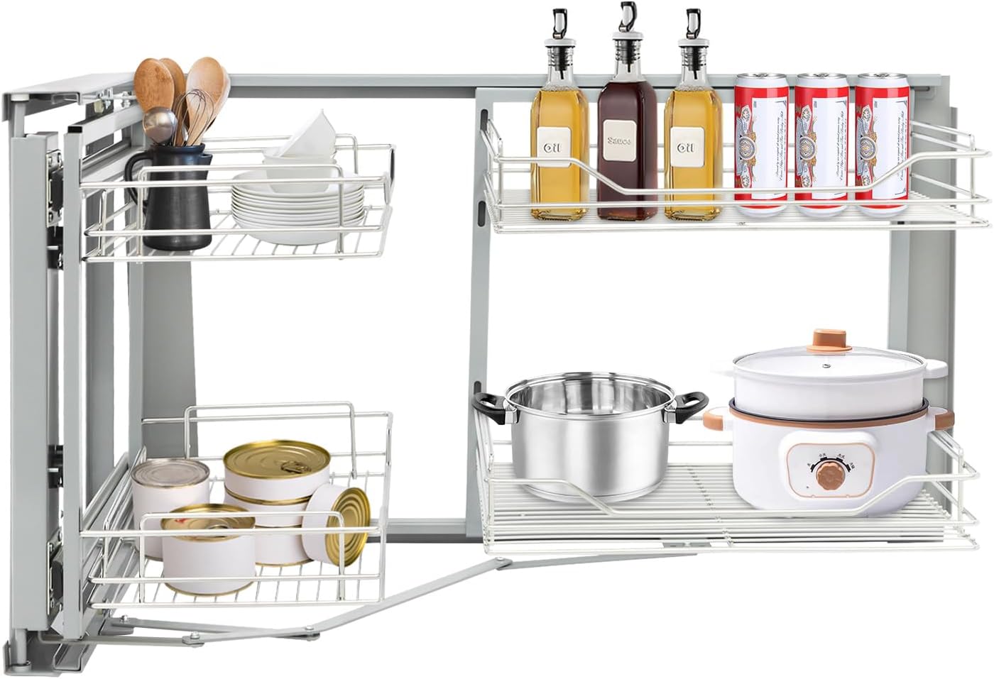 Blind Corner Cabinet Pull Out Right, 15 Inch Blind Corner Cabinet 2 Tiers Organizer Adjustable Design, Hidden Slide Out Shelves for Store Kitchen Utensils (Pull Out Left & Right, Style2)