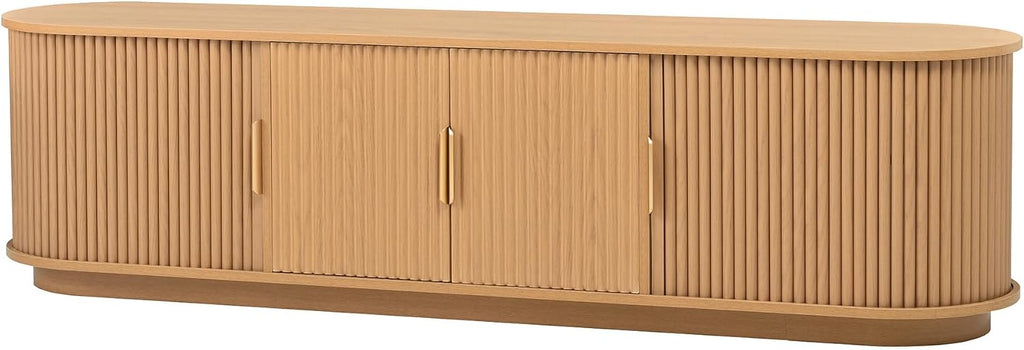 SOFTSEA 66.9' Fluted TV Stand for 75'+ TV, Farmhouse Media Console with Sliding Tambour Doors, Adjustable Shelf & Rounded Edges, Low-Profile Entertainment Center for Living Room, Natural