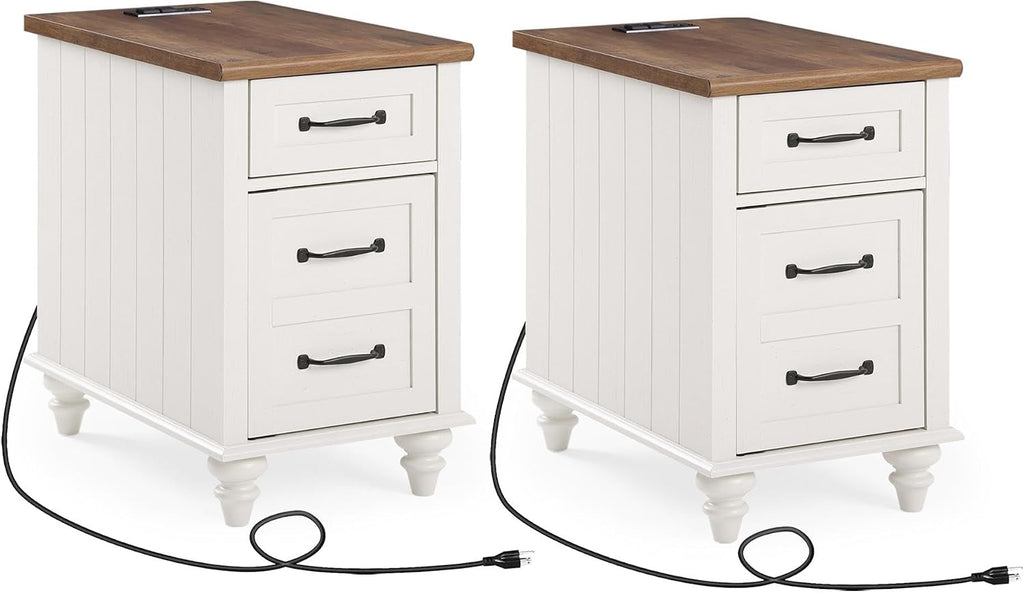WAMPAT 2 Pack End Tables with Charging Station, White Wood Sofa Side Table with Drawer & Storage Cabinet, Modern Nightstand with Power Outlets & USB Ports for Living Room, Bedroom