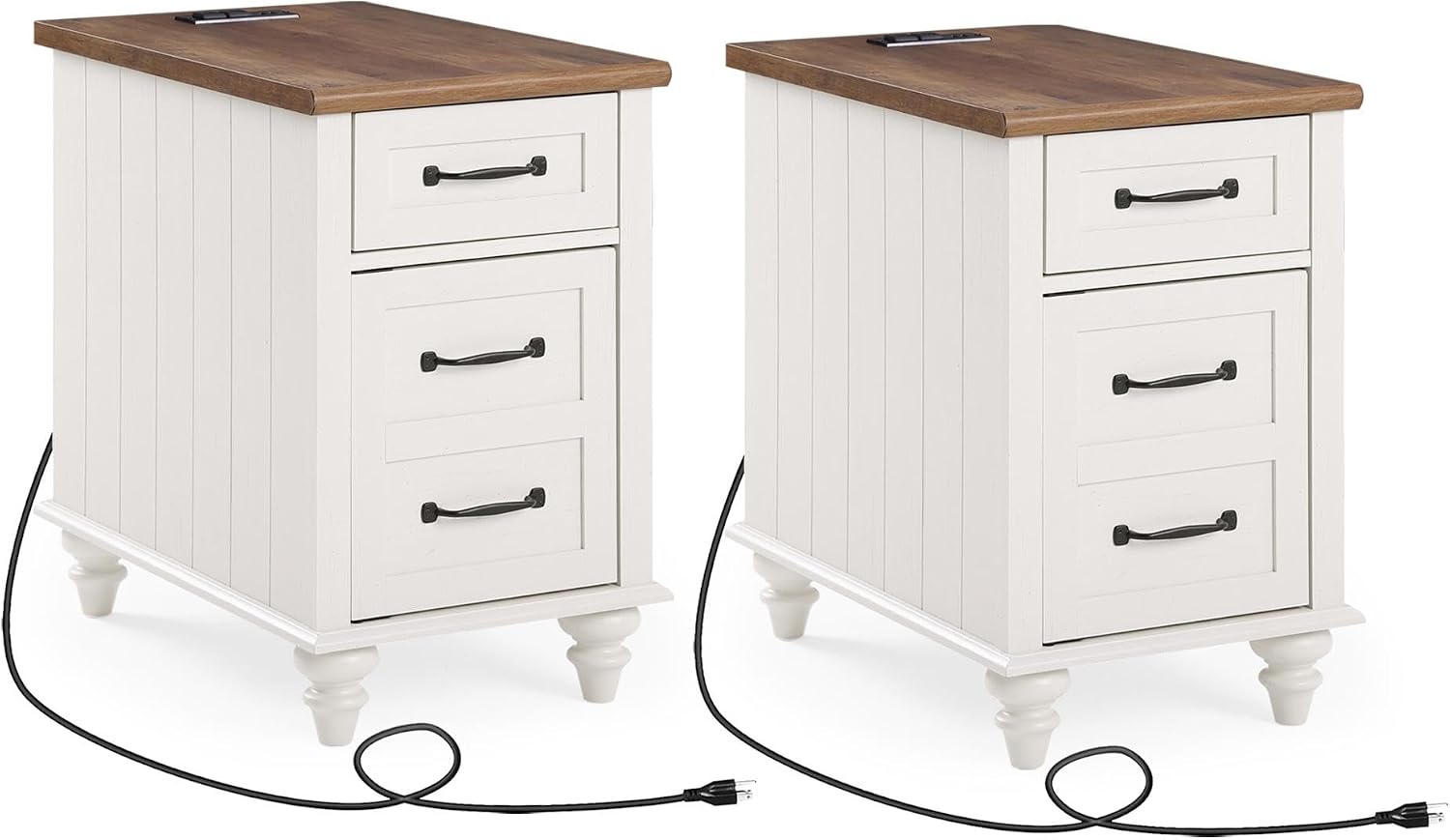 WAMPAT 2 Pack End Tables with Charging Station, White Wood Sofa Side Table with Drawer & Storage Cabinet, Modern Nightstand with Power Outlets & USB Ports for Living Room, Bedroom