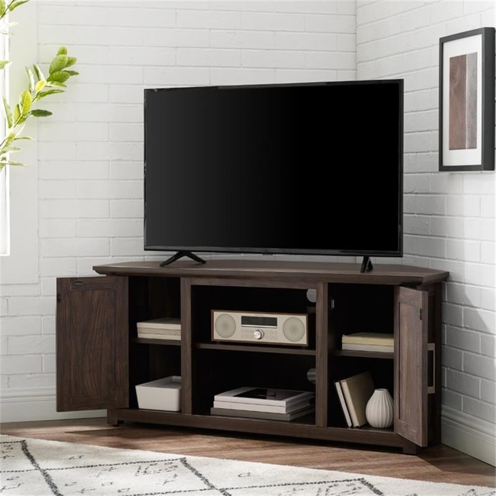 Pemberly Row Modern 48' Rustic Wood Corner TV Stand, Dark Walnut Finish, Fits TVs Up to 50 in, Adjustable Shelves, Antique Brass Hardware, Cable Management, Space-Saving Design for Living Room