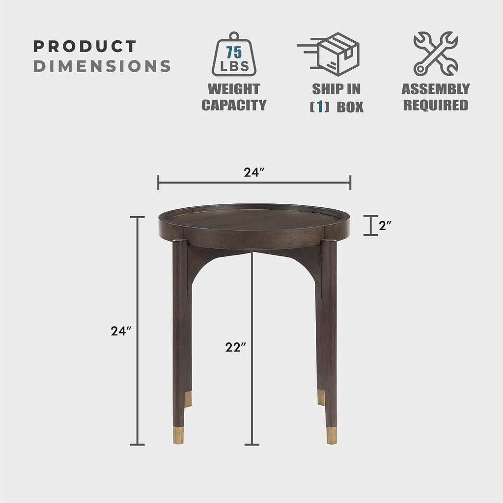 Lexicon Wood Round End Table with Gold Metal Cap, 36' Dia. Mid Century Modern Round Birch Wood Veneer Sofa Side Table for Contemporary Living Room, Easy Assembly, Dark Brown