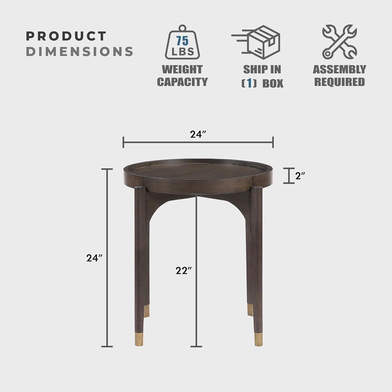 Lexicon Wood Round End Table with Gold Metal Cap, 36' Dia. Mid Century Modern Round Birch Wood Veneer Sofa Side Table for Contemporary Living Room, Easy Assembly, Dark Brown
