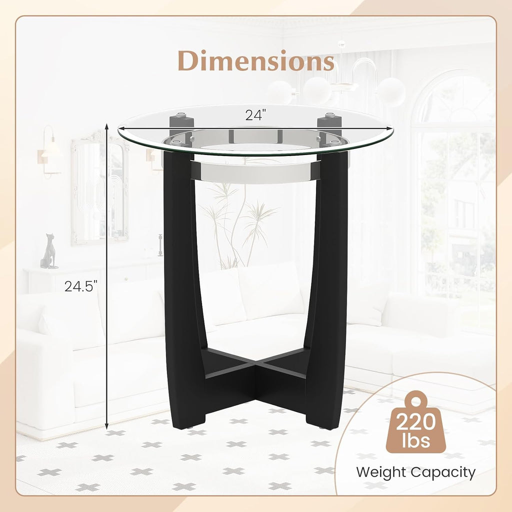 Giantex Round Glass End Table Set of 2, 24'' Side Table with Tempered Glass Top, Nightstands with Cross & Solid Rubber Wood Base, Compact Bedside Night Stand for Bedroom Office Living Room (2, Black)