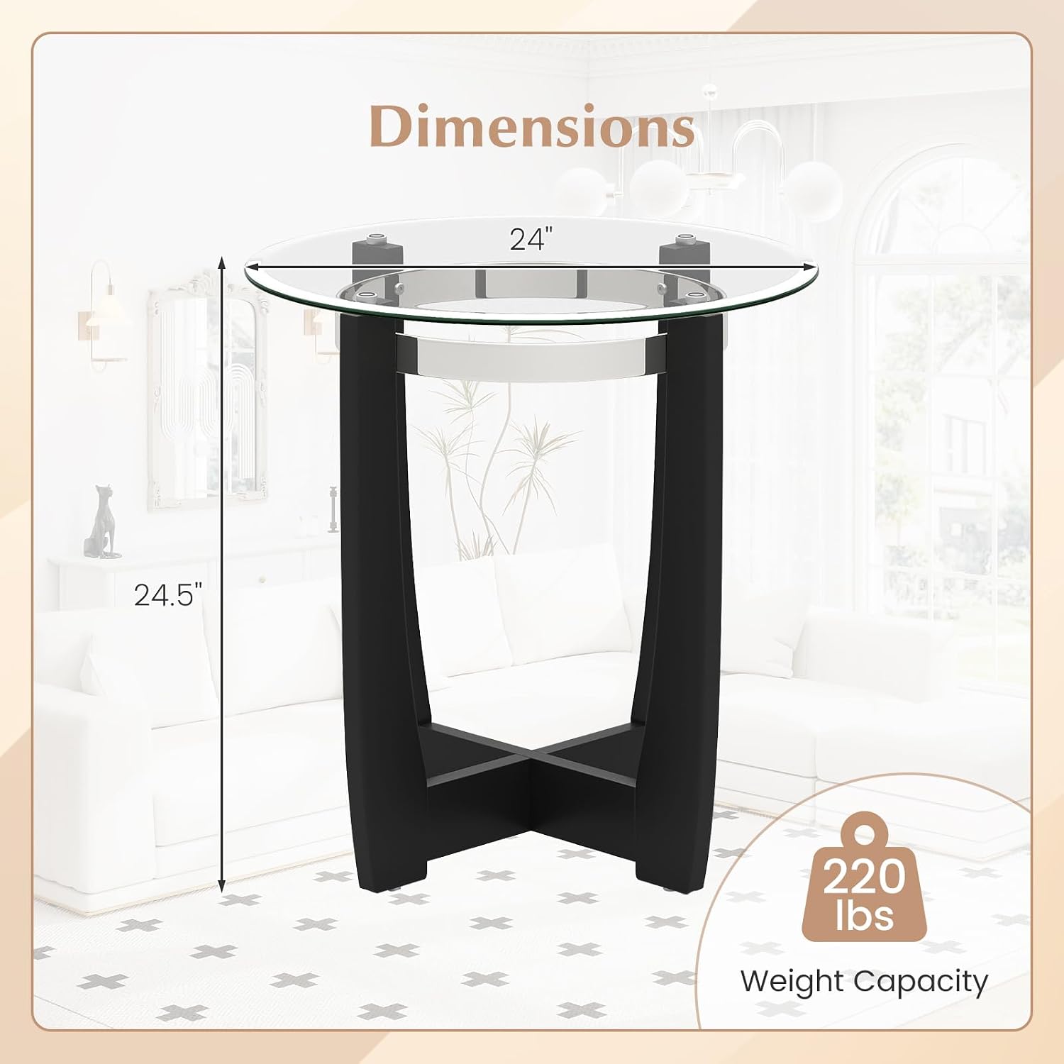 Giantex Round Glass End Table Set of 2, 24'' Side Table with Tempered Glass Top, Nightstands with Cross & Solid Rubber Wood Base, Compact Bedside Night Stand for Bedroom Office Living Room (2, Black)